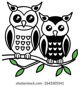 two nice cartoon owls perched on a leafy branch d, this is a editable file.