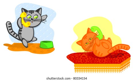 Two nice cats speak on telephone. Vector cartoon scene. Sulfuric and redhead a cat.