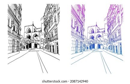 Two Nice views of old street. Valencia, Catalonia, Spain. Urban landscape. Urban sketch. Hand drawn ink style. Line art. Black and white and Colourful Vector background on white.