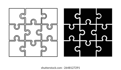 Two nine piece puzzle grids one outline and one solid black
