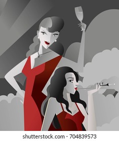 two noir pulp vintage women in red dress