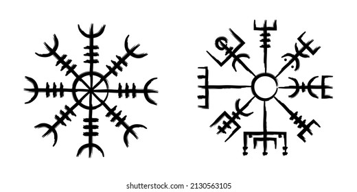 Two norse runic symbols called Aegishjalmur which aslo mean Helm of Awe and Vegvisir, also know as Wayfinder.