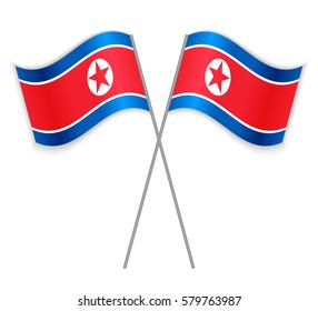 Two North Korean crossed flags. Combined North Korea isolated on white. Language learning, international business or travel concept.
