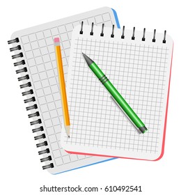 Two notebooks, green pen and yellow pencil on a white background