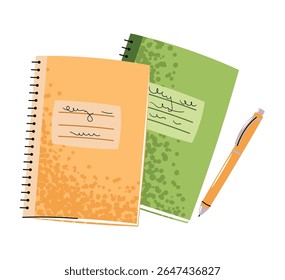 Two Notebooks with Pen in Flat Style on White Background. School and Office Supplies for Students, Teachers, and Professionals. Ideal for Educational Content, Stationery Design, and Social Media Posts