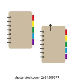 Dos cuadernos. Diseño de pestañas de arco iris. Ilustración de papelería de Vector. Elementos de suministros de oficina. EPS 10.