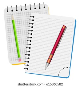 Two notebooks,  red pen and green pencil on a white background
