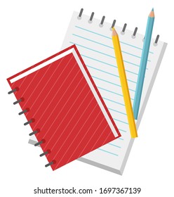 Two notebooks for study, work and making notes with pencils to write and draw. Opened notepad is striped for straight lettering in vector illustration. Back to school concept. Flat cartoon