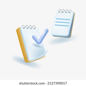 dos iconos de destino de bloc de notas . Portapapeles, lista de verificación, símbolo de documento. Negocios, el concepto de educación. Ilustración vectorial 3d.