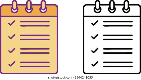 Two notepad icons, one with a yellow background and purple lines, the other in black outline, both showing checkmarks and lines for list items.