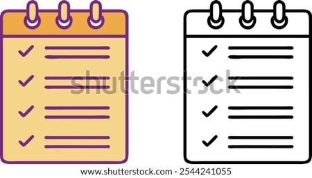Two notepad icons, one with a yellow background and purple lines, the other in black outline, both showing checkmarks and lines for list items.