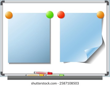 Two notes pinned on a whiteboard with magnets