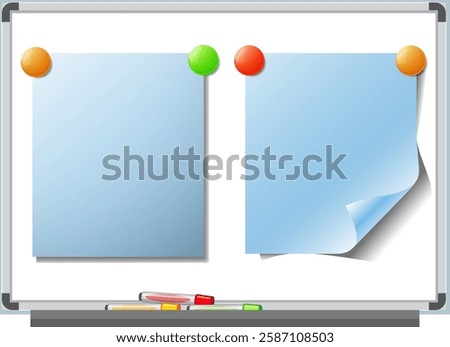 Two notes pinned on a whiteboard with magnets