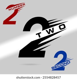 Two; number and word logo for number. Speed, racing and sharpness themed, straight lines number and name typography. Text logo studies for all numbers. Speed ​​and flash themed vector logo.