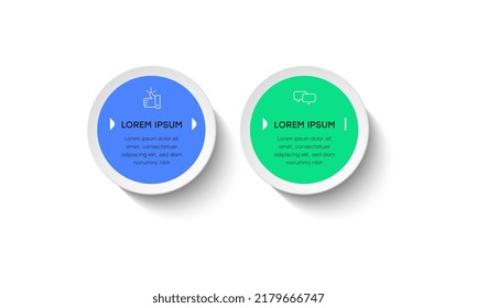 Two numbered steps placed in horizontal row. Concept of 2 stages of marketing strategy. Modern flat infographic design template. Simple vector illustration for business presentation.