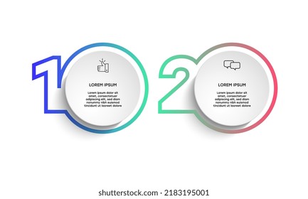 Two numbered steps placed in horizontal row. Concept of 2 stages of marketing strategy. Modern flat infographic design template. Simple vector illustration for business presentation.