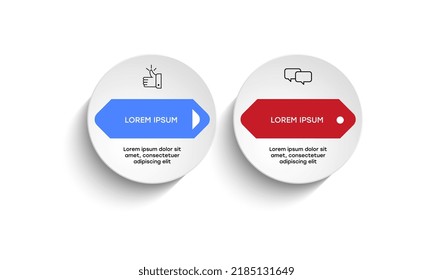 Two numbered steps placed in horizontal row. Concept of 2 stages of marketing strategy. Modern flat infographic design template. Simple vector illustration for business presentation.