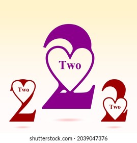 Two; numeral and word logo for number. Two letter with one figure inner heart shaped logo design. Number names typography design. Serif font design. Text logo studies for all numbers.