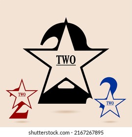 Two; Numeral And Word Logo For Number. Two With Star Shaped Logo Design. Number Names Typography Design. Serif Font Design.  Text Logo Studies For All Numbers.