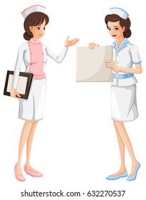 Dos enfermeras con ilustración de uniforme azul y rosa