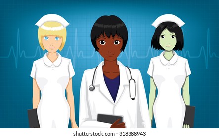 Two Nurses and Doctor Front Portrait Cartoon Vector Illustration