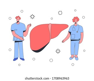 two nurses, man and woman, stand near a large healthy liver, point to it and rejoice. Background - viruses and other hostile environment. Minimal cartoon style