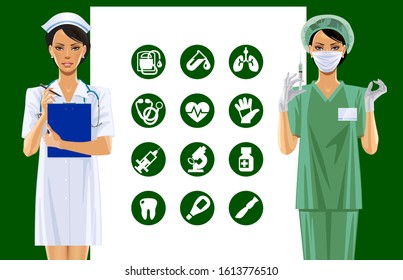 Dos enfermeras con uniforme e ícono médico. Ilustración del vector