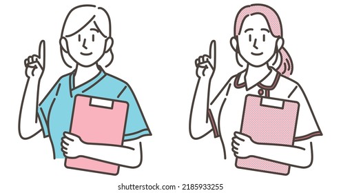 Two nurses in nurse's uniform and medical scrubs smiling and holding up their index fingers [Vector illustration].