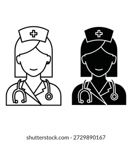 Dos enfermeras con sombreros con cruces y estetoscopios alrededor del cuello en blanco y negro médico