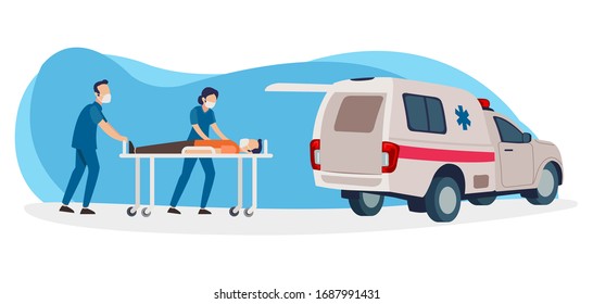 Two nurses will insert a patient who is positive for corona virus into the ambulance
