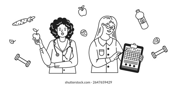 Dois nutricionistas estão planejando um estilo de vida saudável com um comportamento alegre. Um tem uma maçã, o outro aponta para um plano de dieta. O fundo está cheio de frutas e itens de fitness.