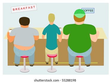 Two obese men and one slender man sitting at food counter, in blue, green and gray.