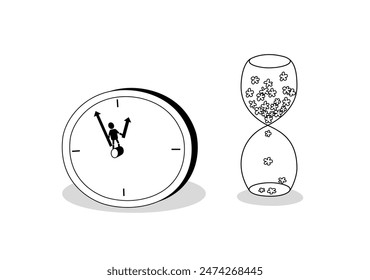 Two object of clock with human holding clock hands and hourglass with flowers  in time management concepts.