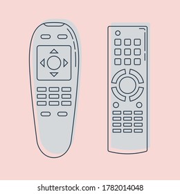 Two object hand remote control. Multimedia panel with shift buttons. Program device. Wireless console. Universal electronic controller. Isolated thin line illustration. Color background. Flat symbol.
 svg