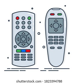 Two object hand remote control. Multimedia panel with shift buttons. Program device. Wireless console. Universal electronic controller. Isolated thin line illustration. White background. Flat symbol.
 svg