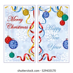 Two oblong greeting banner for the winter holidays. Background with pattern of snowflakes, colorful christmas ball, ribbon streamers and inscription. Cartoon style.