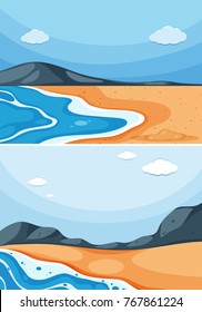 Two ocean scenes with blue sky illustration