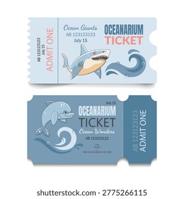 Two Oceanarium Ticket Design with cartoon shark, dolphin and waves Illustration.
Oceanarium Ticket Design Concept. 