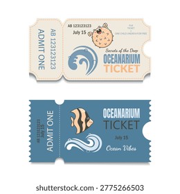 Two Oceanarium Ticket Design with cartoon Fish and waves Illustration.
Oceanarium Ticket Design Concept. 