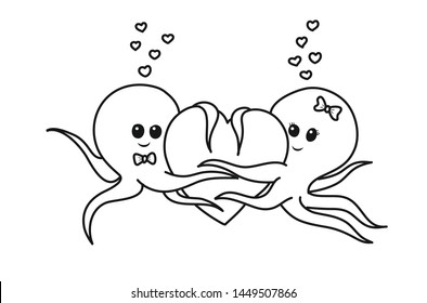 Two Octopus hug with heart to be happy love, vector illustration