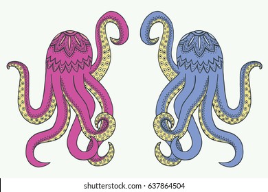 Two octopus Zen Tangle vector illustration. A pair of blue boy and pink girl. Marine animals zentangle.