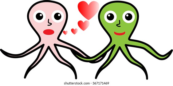 Two octopuses in love go hand in hand