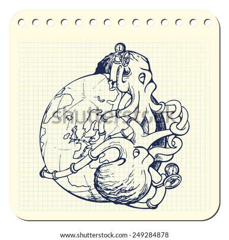 Two octopuses representing oil industry are struggling over domination on the global oil and gas market. EPS8 vector illustration in a sketchy style imitating scribbling in the notebook or diary.