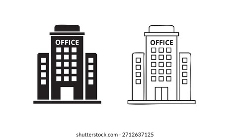 Two office buildings are shown side by side. The first building is a tall