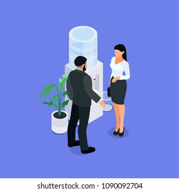 Two office employees. Isometric concept of office life. Office workers are talking near the cooler. 3d man and woman in business suits.Vector illustration.