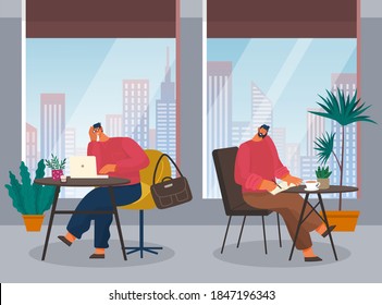 Two office managers sitting at tables. Young guy in glasses working at laptop, bag at chair. Busy man talking on phone, making notes, coffee break. Stylish cafe in business center with large windows