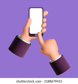 Two office mans hands holdings smartphone with white screen mockup 3d vector design illustration. Scrolling searching something in phone, application, service ideas. Touch screen with finger template.