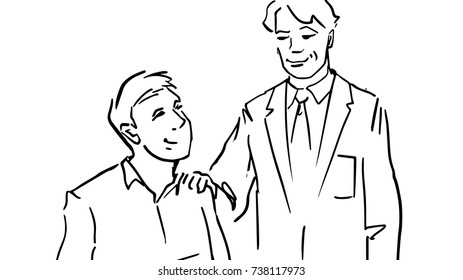 Two office men black and white vector sketch. One man in business suit stands near the sitting man. He puts his hand on shoulder of sitting man.Approval of superiors simple drawing at white background