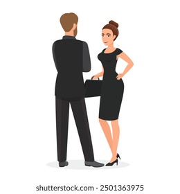 Two office professionals engaged in discussion, sharing work-related ideas and collaborating on projects. Concept of business communication, teamwork, and partnership vector illustration.