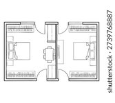 Two Office Rooms Connected by a Central Hallway with Seating Area